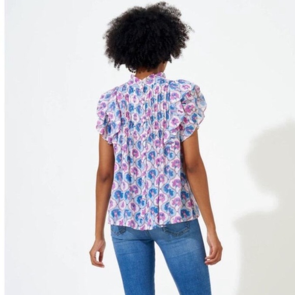 Oliphant Pintuck Ruffle Floral Top, Iris Blue Large - Picture 2 of 10